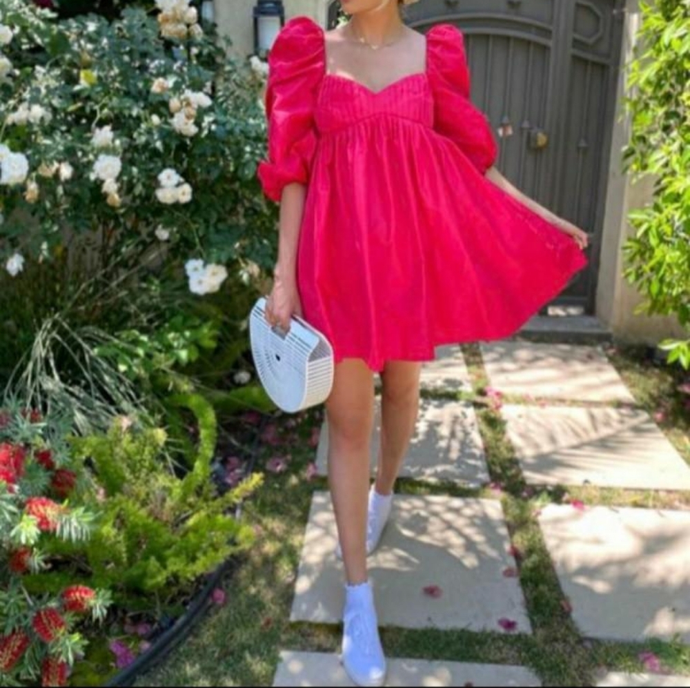 Zara Taffeta Puffed Sleeve Mini Dress Hot Pink Size M - Picture 7 of 7